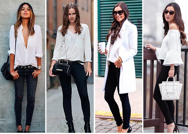 Вещи белого цвета и чёрные джинсы